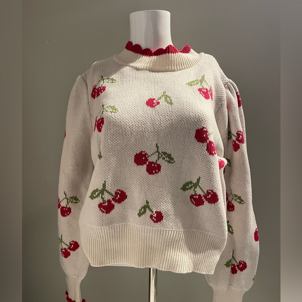 Cherry print novelty sweater women’s xl puff sleeves coquette pinup rockabilly